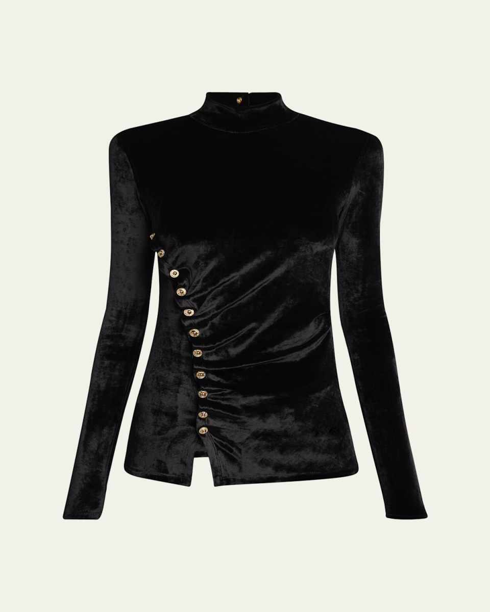 Ruched Velvet Side Button Mock Neck Top